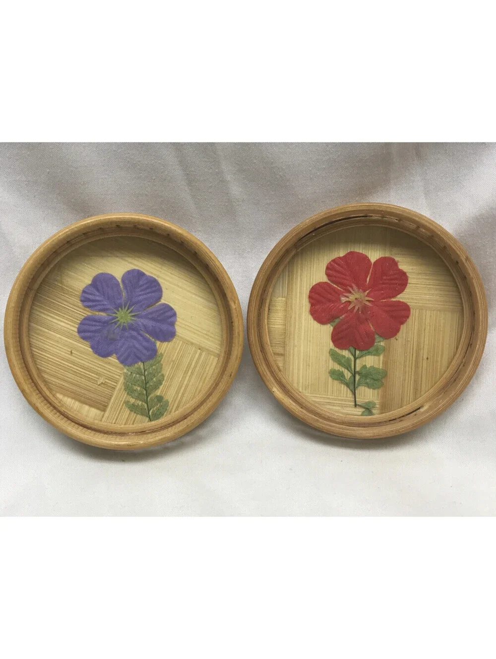 Vtg Bamboo Flowers Tray And Coasters 7 Pc Set Floral Tiki Bar Serving Platter